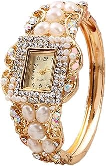 CdyBox Women Pearl Flower Bracelet Watch Square Dial Quartz Bangle Wrist Watch Lady Diamond Jewelry Watches