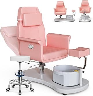 OKAKOPA Pedicure Chair No Plumbing for Nail Tech, Upgraded 360 Swivel Hydraulic Lift Reclining Pedicure Station w/Stool, Footrest, Bowl, Pedicure Unit for Foot Spa, Pink