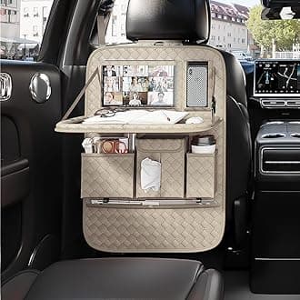 GMQ Back Seat Car Organizer 1 Pack,Backseat Organizer with Tray,Multifunctional Car Seat Back Storage Box with Foldable Tablet Holder (Beige, Weave)