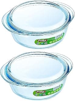 Pyrex Essentials Glass Round Casserole Dish with Lid 1.0L Transparent (Pack of 2)