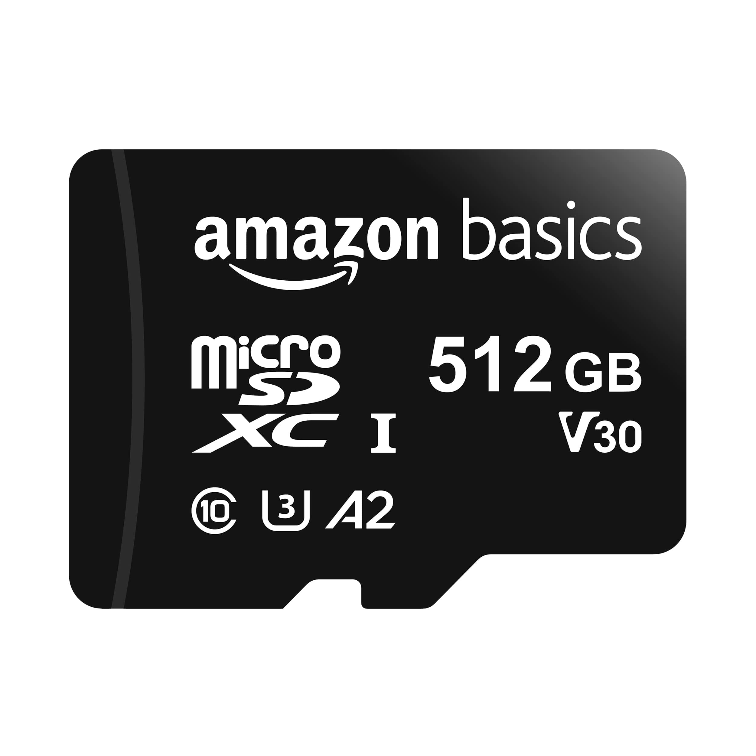 Amazon Basics microSDXC Memory Card with Full Size Adapter, A2, U3, Read Speed up to 100 MB/s, 512GB, Black
