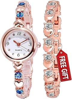 Acnos Premium Stainless Steel Analog Rose Gold Heart Shape Round dial Blue Diamond with Rose Gold Bracelet Super Quality Women's Watch - Pack of 2