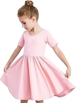 Stelle Girls Short Sleeve Dress Summer Kids Toddler Skater Twirl A Line Solid Color T-Shirt Dress for School Casual 3-12 Y