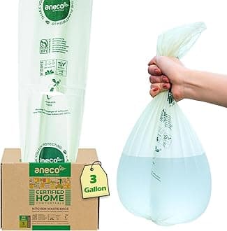 ANECO 100% Compostable Waste Bags 3 Gallon (50 Count) Extra Strong Compost Bags for Countertop Bin, Small Compost Bag, Food Waste Bags with BPI & OK Compost HOME Certified