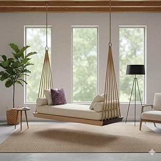 Solid Wood 2 Seater Rope Swing Chair | Wooden Hammock Swing Sofa with Rope & Complete Accessories for Living Room, Indoor, Outdoor, Balcony & Garden | House Big Swings Jhula | Rustic Brown