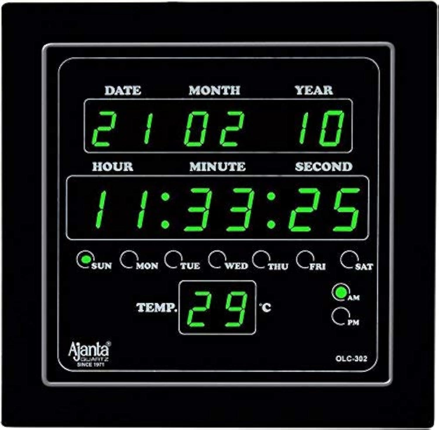 Ajanta Quartz Plastic Quartz Digital Green Led Square Wall Clock Olc - 302 (25.4 Cm X 3.5 Cm X 25.4 Cm)