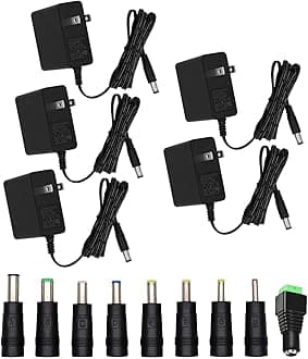 5V 1A Wall Charger Power Adapter with Plug 5.5 x 2.1mm, 5W Universal AC/DC Adapter 100-240V AC to DC 5V Power Cord Converter with 9 Interchangeable Jacks Plug (5 Adapters+8 DC Tips+1LED Tip)