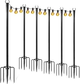 6 Pack String Light Poles for Outside, Thickened Metal Lights Hanger Pole Outdoor with Fork, Lighting Hanging Post Accessories for Patio Decor Garden Backyard Yard Front Porch Outside Decorations