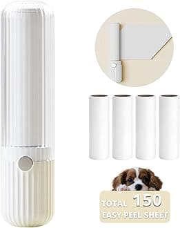 Compact Lint Roller with 150 Sheets - Portable Pet Hair Remover for Clothes, Furniture, and Travel Essentials Household Use, 1 Handle+5 Roller Refills (White)