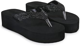 Doctor Walk Women's Platform Flip Flops with Glitter Straps, Black, Wedge Thong Sandals Slipper