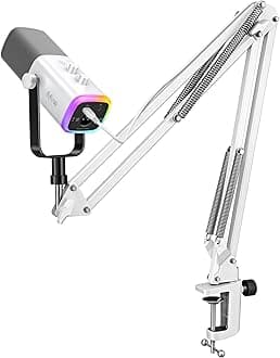 FIFINE Gaming XLR/USB Microphone Kit, Streaming Dynamic Mic Set for PC, Computer Mic for Vocal Podcast Recording Voiceover, with Headphones Jack, Gain Knob, Arm Stand-AmpliGame AM8T White