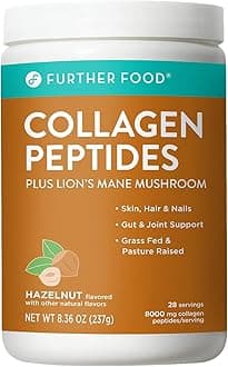 Further Food Collagen Peptide Powder Hazelnut Blend with Lion’s Mane Mushroom, Grass-Fed Hydrolyzed Type 1 & 3 Protein, Gut Health + Joint, Hair, Skin, Nails, Paleo Keto Sugar-Free (8.36 Ounce)