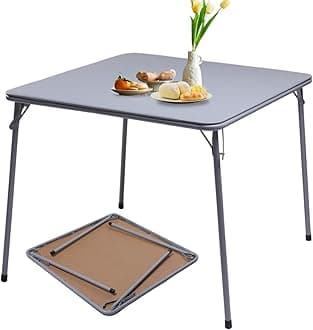 FurnitureR Square Folding Card Table 34 Inch, No Assembly Portable Table for Game Nights, Small Space Dining & Indoor Outdoor Use, PVC Top with Metal Frame, Grey