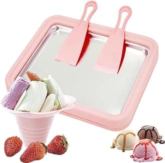 Wtrtr Ice Cream Roller Maker，Ice Cream Roll Dessert at Home，Ice Plate Ice Cream Roller Plate Anti-Griddle Pan with 2 Spatulas Easy Homemade Rolled Ice Cream, Frozen Treat Maker (Rectangle pink)