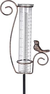 Rain Gauge Outdoor,7" Glass Rain Gauge with Metal Stake, Decorative Bird Rain Gauge for Yard Garden Lawn Decor