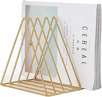 QPEY Triangle File Holder,5 Slot Metal Vinyl Record Stand Holder Magazine Newspaper Holder Photography Props for Office Home 1 Pc (Gold)