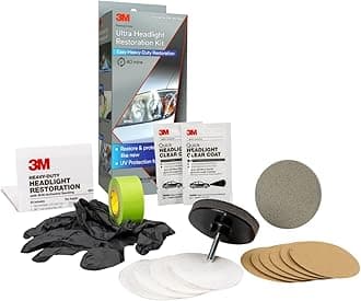 3M Ultra Headlight Restoration Kit, Contains Masking Tape, Light Sanding Discs, Wax Protectant and More, Use on Plastic Lenses Headlights, Taillights and More, Easy Heavy-Duty Restoration (39195)