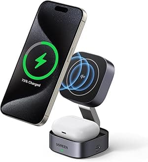 UGREEN MagFlow Qi2 Wireless Charger 15W MagSafe Compatible iPhone Wireless Charging Foldable MagSafe Charging Stand [2in1 + USB C Port Expansion] Compatible with iPhone 17/16/15/14/13/12 Series