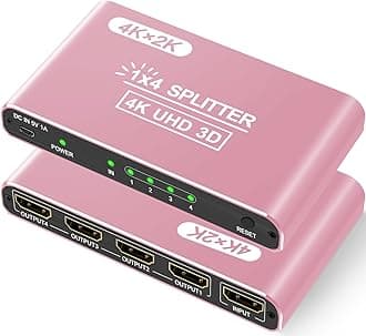 HDMI Splitter 1 in 4 Out, 4K HDMI Splitter for Dual Monitors/Mirror, Supports 4Kx2K@30Hz 3D Full HD 1080P Compatible for PS4 Blu-Ray Player Fire Stick Roku (1 Source onto 4 Displays) Pink