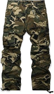 OCHENTA Men's Cotton Casual Cargo Work Pants Baggy Camo Tactical Combat Trousers with 8 Pockets (No Belt)