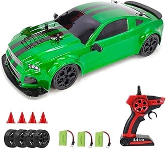 GoolRC RC Drift Car, 1:14 Scale Remote Control Car, 4WD 20KM/H High Speed RC Sport Racing Car, 2.4GHz RC Drifting Car for Adults with Cool Lights, 3 Batteries and Drift Tires + Racing Tires
