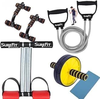 - SUREFIT 4-in-1 Home Gym Combo | Double Spring Tummy Trimmer, Resistance Toning Tube, Ab Roller & Push-Up Bar | Full Body Fitness Kit for Men & Women | Home Workout Set (RED)