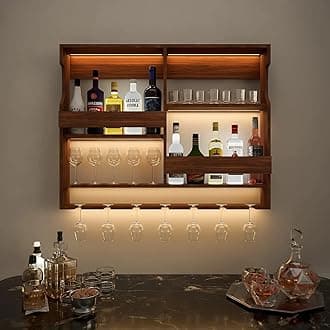 Sheesham Wood Wall Mounted Wine Rack & Bar Cabinet with Stem Glass Holder | Wooden Liquor Storage & Whiskey Bottle Display | Home Bar Furniture for Living Room (30x24 Inch, Brown)