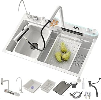 Black Stainless Steel Waterfall Kitchen Sink With Digital Display and New Dual Mode Faucet - Multifunctional With Accessories (BS-68x45x22CM)