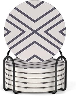 6 Piece Absorbent Stone Coaster Set with Holder, Ceramic Drink Coasters, 4 Inch Farmhouse Coasters with Cork Base, Ideal Gift for Housewarming