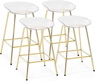 26" Counter Height Bar Stools Set of 4, Modern Backless Barstools with Clear Plastic Seat for Kitchen Island Breakfast Island Stools Bar Chairs, Gold Metal Legs