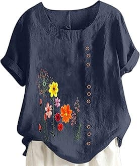 Women Floral Print Linen Shirts Short Sleeve Gauze Tops Loose Fit Cotton Blouses Trendy 2024 Clothing