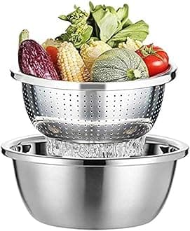 Stainless Steel Strainer, Stainless Steel Colander, Metal Sieve and Bowls, Dish Drainer with Spool, Kitchen Sieves, Pasta Drainer, Salad Bowl Set, Stackable Steel Colander Bowls(26 cm)