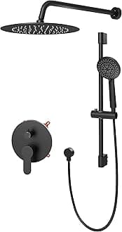 Shower System Black, Wall Mounted Slide Bar Shower Faucet Set Complete,High Pressure 10" Rain Shower Head with 5-Setting Handheld Shower,Shower Combo Set with Shower Valve