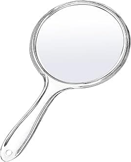 D Handheld Mirror with Handle 3.9" W x 8.3" L Hand Mirror Small Doule Sided Magnifying Mirror 1X 2X, Handle Makeup Mirror, Acrylic Handheld Mirror Rounded Shape, Transparent 1 PCS