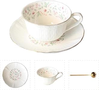 Vintage Floral Porcelain Tea Cup and Saucer Set with Gold Trim, Spoon, Espresso, Coffee, Gift Boxes (1, Light Pink)