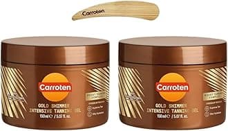 Carroten Gold Shimmer Tanning Gel | Browning Tan Accelerator | Non-Greasy, Water-Resistant with Carrot & Coconut Oil | Vitamin A & E For Moisture & Hydration | 5 oz (2 Pack) + Spatula