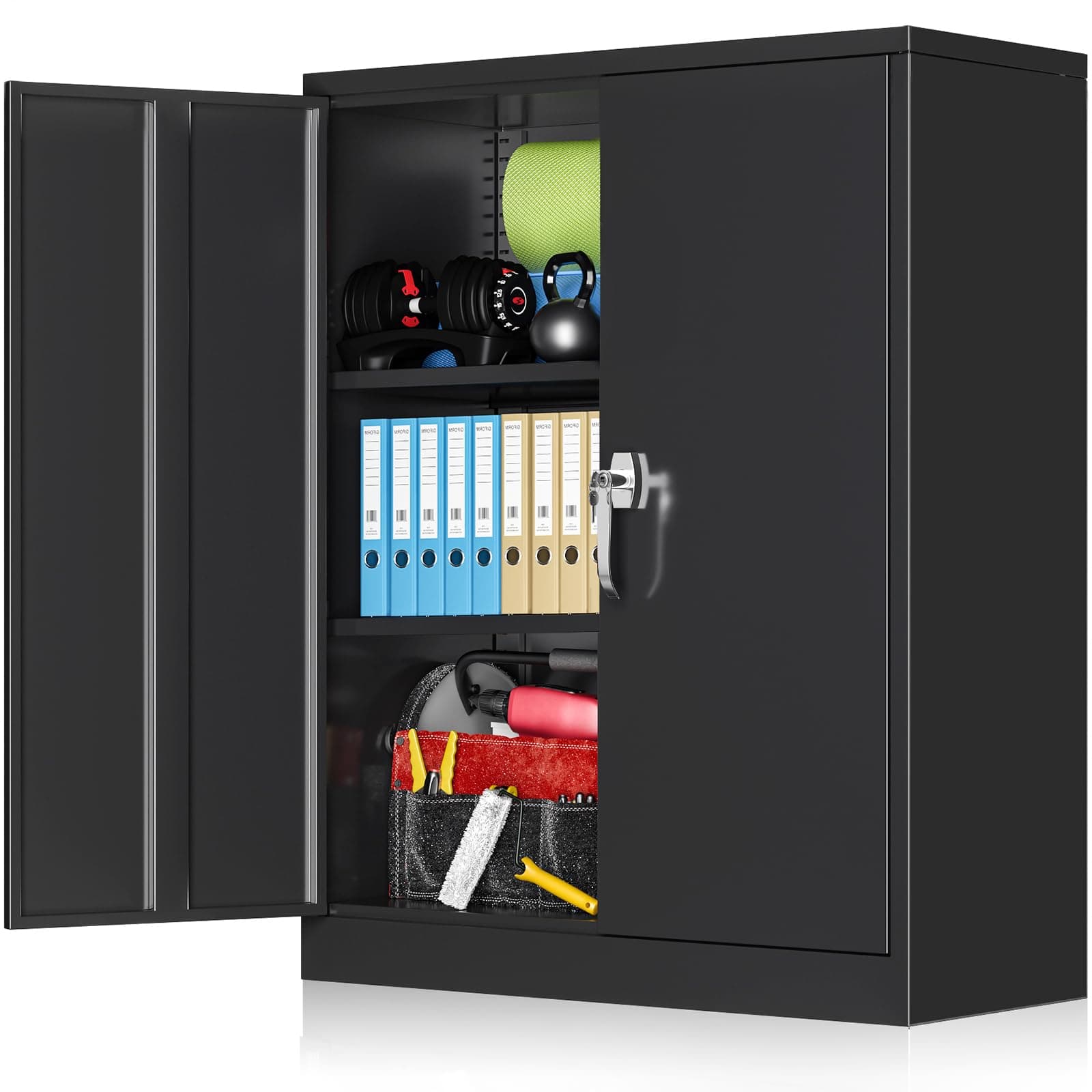 Atripark 42" Metal Storage Cabinets with Locking Doors, Lockable Steel Storage Cabinet with 2 Doors and 2 Adjustable Shelves, Black Metal Cabinet Great for Garage, Home, Office, Warehouse