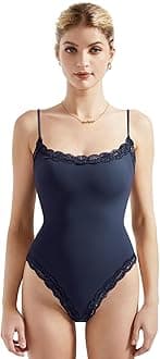 SUUKSESSWomen Square Neck Lace Bodysuit Sleeveless Spaghetti Strap Tank Top