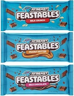 Feastables | Mr Beast Chocolate Bar | [3 BAR BUNDLE] Milk Chocolate Feastables | Milk Crunch | Peanut Butter | New Formula Creamier 2.1oz Mrbeast Chocolate | Feastables Chocolate