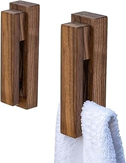 JINMURY Modern Wooden Towel Holders -Set of 2 Self Adhesive Towel Hook Wood Wall Mounted Towel Holder Home Decor- Durable, Easy Installation,Firmly Holds Towel (Walnut)