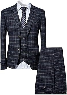 Cloudstyle Mens 3 Piece Slim fit Checked Suit Blue/Black Single Breasted Vintage Suits