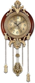 Aero Snail Brown Vintage Pendulum Wall Clock, Solid Wood Hanging Clock, Silent Non Ticking Quartz Movement, Analog Watch for Home Office Kitchen Classroom, W205BX14