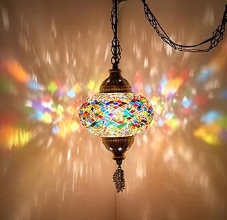 DEMMEX (8 Colors) Turkish Moroccan Mosaic Swag Plug in Pendant Ceiling Hanging Light with 15feet Cord Decorated Chain & North American Plug (Multicolor - 6" Diameter)