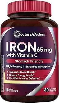 Doctor's Recipes Iron Supplement 65 mg with Vitamin C - Maximized Absorption & Stomach Friendly Iron Pills for Red Blood Cells Formation, Heart, Brain & Immunity Health - Vegan Non-GMO 30 Iron Tablets
