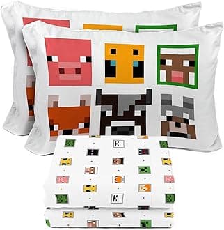 Sunny Side Up Minecraft Creeper & Animals Full Sheet Set - 4 Piece Kids Bedding Set Includes Pillow Cover - Super Soft Microfiber Sheets