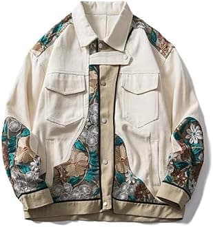 Men'S Denim Jacket, Embroidered Flower Jackets For Mens Clothing Coat Men'S Patchwork Coats New Outerwear Bomber Tops Button Down Jean,Men'S Denim Jacket,4Xl