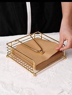 Napkin Holder for Dining Table - Square Shaped with Weighted Arm - Modern Tissue Paper Holder for Kitchen, Restaurant, Farmhouse, Gold - Diwali Decoration - Hotel Tableware (Gold)