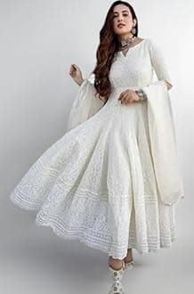 Women's Cotton Blend White Chikankari Anarkali Gown with Dupatta | Dresses for Girls | Pant Not Included ||