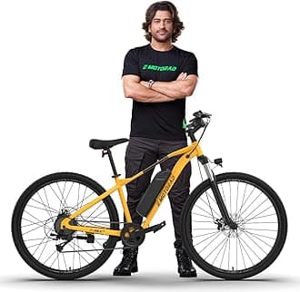 EMotorad T-REX AIR Unisex Electric Bicycle 29" Wheel Size 16.5" Sturdy High Tensile Steel Frame 250W BLDC Motor Front Suspension 7 Speed Shimano Gears (Suncrest Yellow, 29" Wheel)