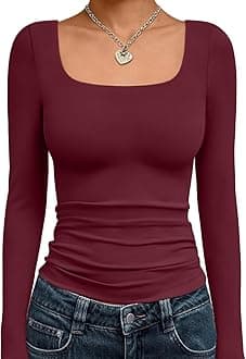 Womens Square Neck Long Sleeve Shirts Double Lined Slim Fit Tops Y2K Going Out Basic Tees